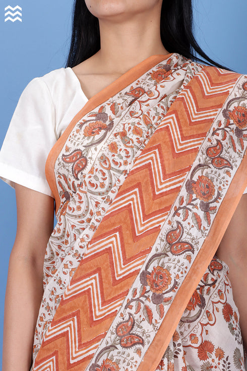 Mulmul Cotton Saree With Fall In Floral Block Print